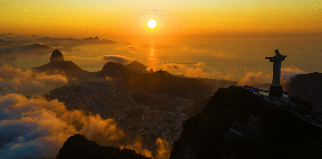 Sunrise over Christ the Redeemer and Sugarloaf Mountain