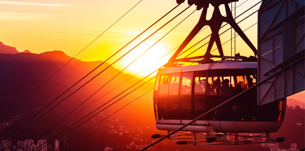 Close-up of Sugarloaf Mountain cable car at sunset