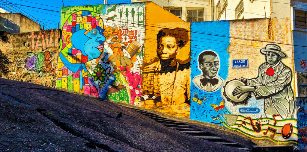 Colorful mural of Afro-Brazilian history in Gamboa, Rio