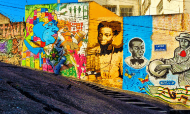 Colorful mural of Afro-Brazilian history in Gamboa, Rio