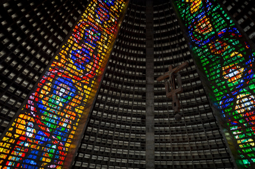 Stained glass windows inside Rio de Janeiro’s Metropolitan Cathedral