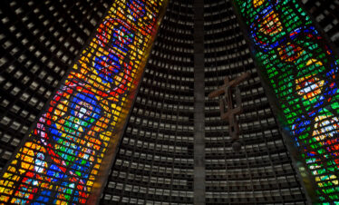Stained glass windows inside Rio de Janeiro’s Metropolitan Cathedral