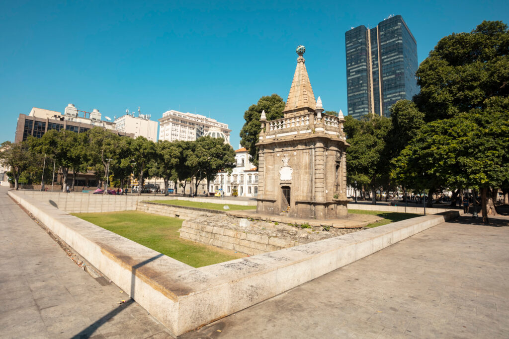 Historic monument in downtown Rio de Janeiro at Praça XV, with colonial buildings and modern skyline