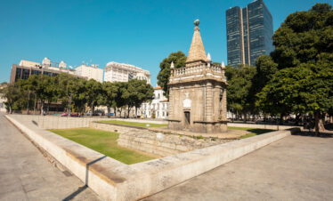 Historic monument in downtown Rio de Janeiro at Praça XV, with colonial buildings and modern skyline