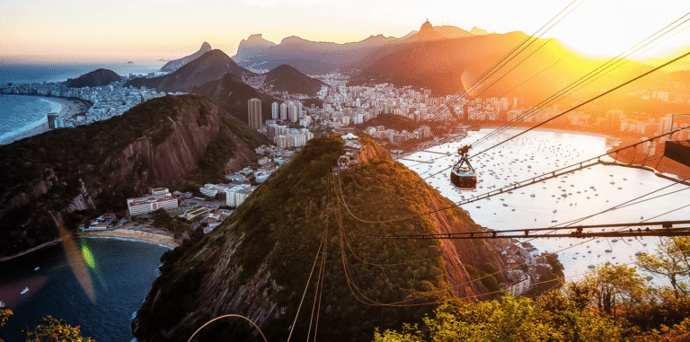 Aerial view of Sugarloaf Mountain cable car at sunset in Rio de Janeiro