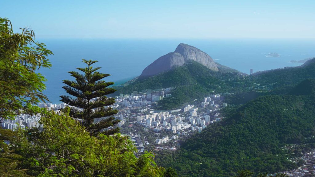 Panoramic view of Rio de Janeiro from Tijuca National Park, Brazil, showing the city, mountains, and coastline framed by lush Atlantic Forest vegetation.