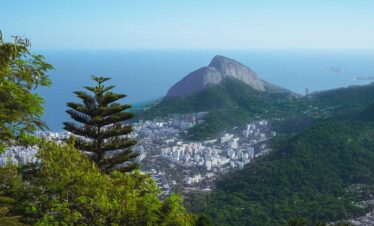Panoramic view of Rio de Janeiro from Tijuca National Park, Brazil, showing the city, mountains, and coastline framed by lush Atlantic Forest vegetation.